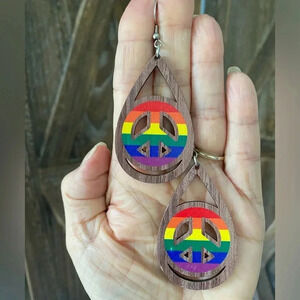 Handmade Wood Wooden Rainbow Peace Sign LGBTQ Pride Teardrop Earrings NEW